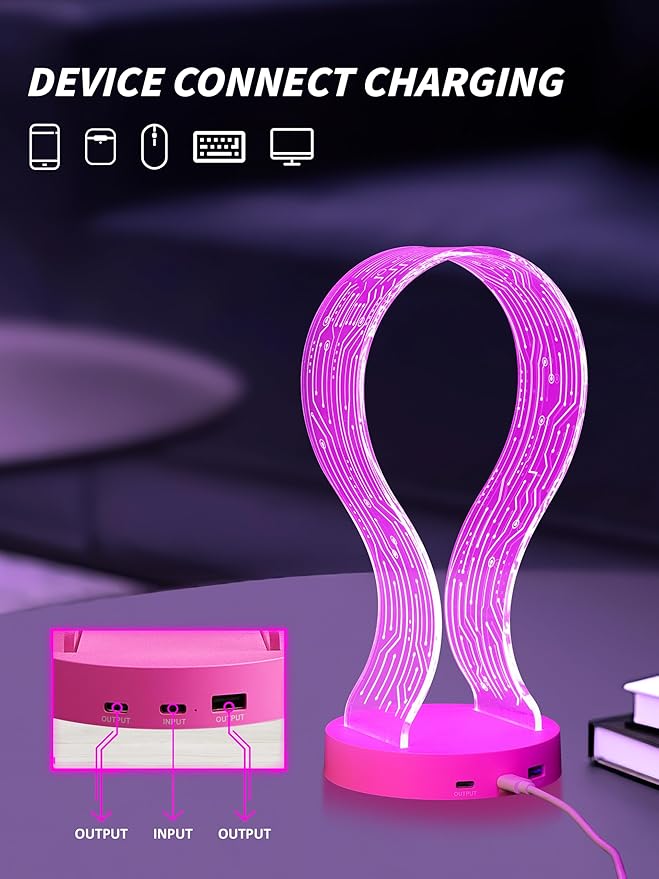 YuanDian Pink Headphone Stand, with 1 USB Charging Port and 1 Type-C Charging Ports, Desk Gaming Headset Holder, 16 Changing Colors with Remote, Gift for Gamers Girl and Music Lovers