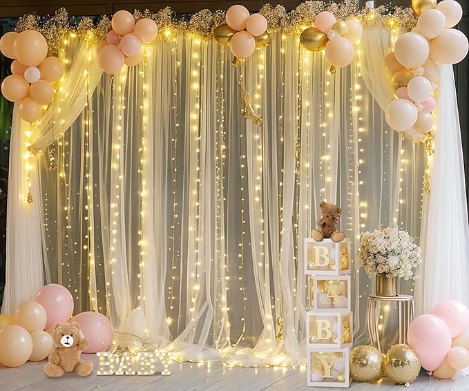 Champagne Backdrop Curtains with Lights String for Wedding Parties 10×10ft Sheer Tulle Backdrop Curtain for Bridal Shower Baby Shower Birthday Party Photo Shoot Decorations 2 Panels 5×10ft