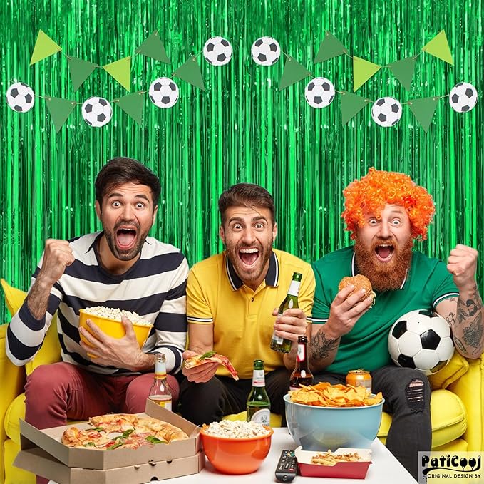 Green Streamers Party Decorations - Thicken 4 Pack 3.2 x 8.2 FT - Tinsel Foil Fringe Curtains Party Backdrop for Birthday, Dinosaur, Jungle, Football, Golf Party Decorations