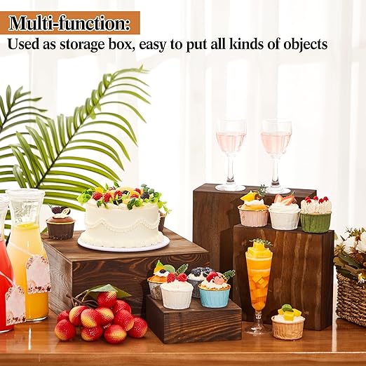 Roowest Set of 4 Wood Display Risers Rustic Cupcake Stand Rustic Wood Cake Stands Wooden Stackable Display Box for Dessert Wedding Birthday Christmas Village Party Decoration(Black Brown)