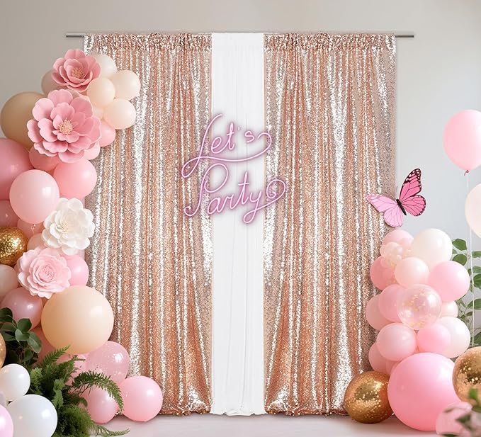 Juya Delight 2Pcs 2FTx8FT Rose Gold Sequin Backdrop Curtains Rose Gold Glitter Photo Backdrops for Party Birthday Wedding Decoration
