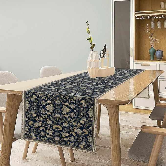 Vintage Boho Floral Table Runner, Morris Rustic Country Farmhouse Dark Blue Grey Retro Flower Pattern for Home Kitchen Table Decor Dining Coffee Room Party Decor 13x36in