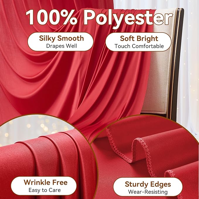 30×14ft Wrinkle Free Red Backdrop Curtain for Wedding Parties,6 Panels 5×14ft Height Soft Silky Polyester Backdrop Drapes Red Photo Back Ddrop Curtains for Event Photography Christmas Background Cloth