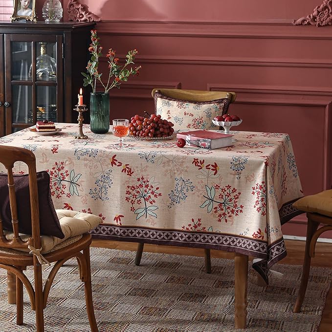 patdrea Designer French Linen Long Tablecloth for Rectangle Table,Vintage Red Floral Tablecloths,Dacorative Cover for Kitchen Dining,Tea Party,Christmas,Thanksgiving,Holiday,63"x87"-Newmari