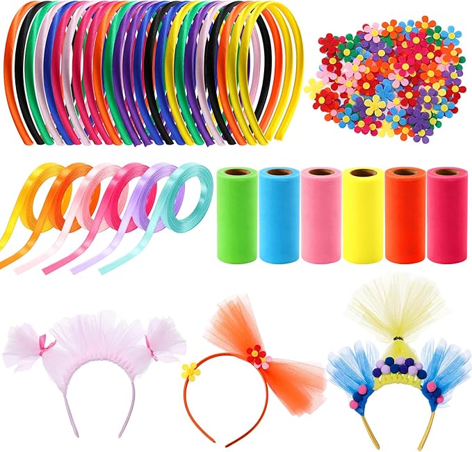 Canlierr 24 Pcs Rainbow Headbands 6 Tulle Mesh Fabric Rolls 100 Felt Flowers Embellishments for DIY Crafts 6 Colorful Satin Roll Ribbons for DIY Headbands Halloween Party Decoration