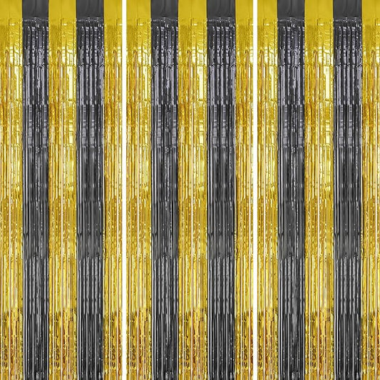 3 Pack Foil Fringe Backdrop - Black&Gold Shiny Tinsel Curtains for Party Decoration/Photo Booth Props - 3.3x8.2 FT Metallic Foil Backdrop for Birthday, Wedding, Graduation, Christmas.
