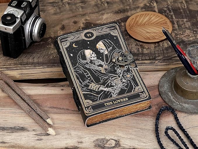 cuero C Book of Spells Leather Journal Deckle Edge Paper Grimoire Printed Journal The Lovers Tarot Notebook Spiral Gothic Notebook Skull lover Antique Vintage Leather Journals for Men and Womens