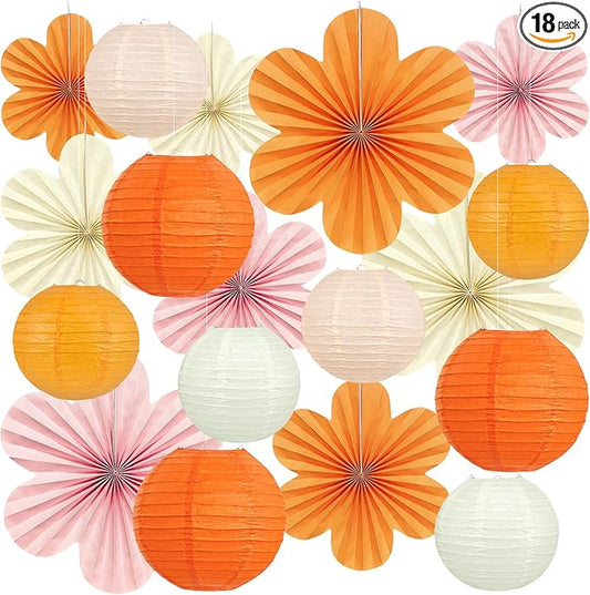 18Pcs Fall Pink and Orange Party Decorations, Hanging Paper Lanterns Flowers Fans for Girls Women Wall Baby Shower One Sweet Peach Thanksgiving Bachelorette Sunset Birthday Fall Party Decorations