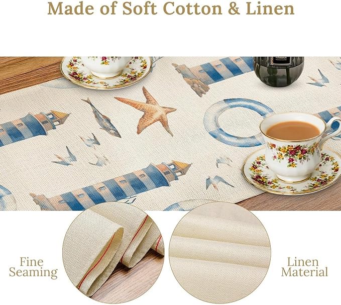 Blue Beach Table Runner, Tropical Ocean Coast Table Runner, Seashell Seasonal Nautical Restaurant Coffee Table Decorations for Home Holiday Party Indoor Outdoor 13x108 Inch