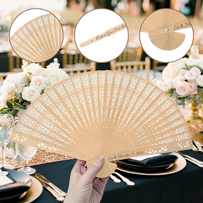 100Pcs Wedding Fans Personalized Folding Hand Fans Custom Sandalwood Wedding Fans with Organza Bags Wedding Party Favor Wedding Fans for Guests (50)