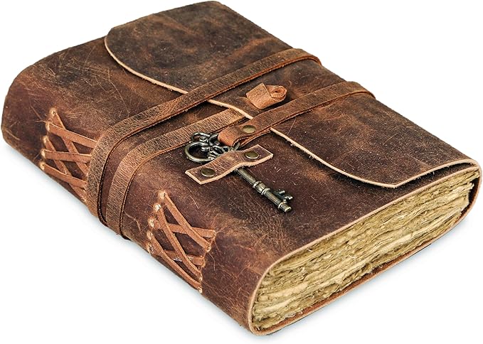 Leather Journal with Deckle Edge Paper 7x5 inch and Vintage Key | Handmade Writing Notebook Diary | Bound Daily Notepad for Men & Women Medium, Sketch/Writing pad for Artists (Brown)