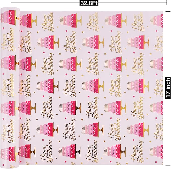 Aimyoo Pink Birthday Wrapping Paper Roll - 17 Inch X 32.8 Feet - Gold Foil Celebration Cake, Happy Birthday Lettering Design Gift Wrap for Kids, Baby Showers