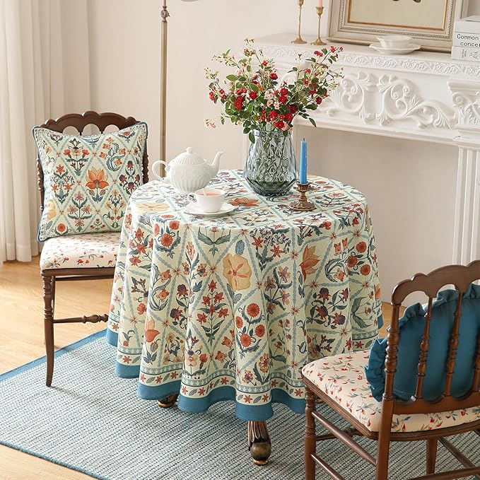 ISAENNE Designer Linen Elegant Round Tablecloth,Colorful Floral Bohemian Table Cloth,Wrinkle Resistant Decor Tablecloths for Dining Thanksgiving Kitchen Christmas,Diameter 67"-Floralsea A