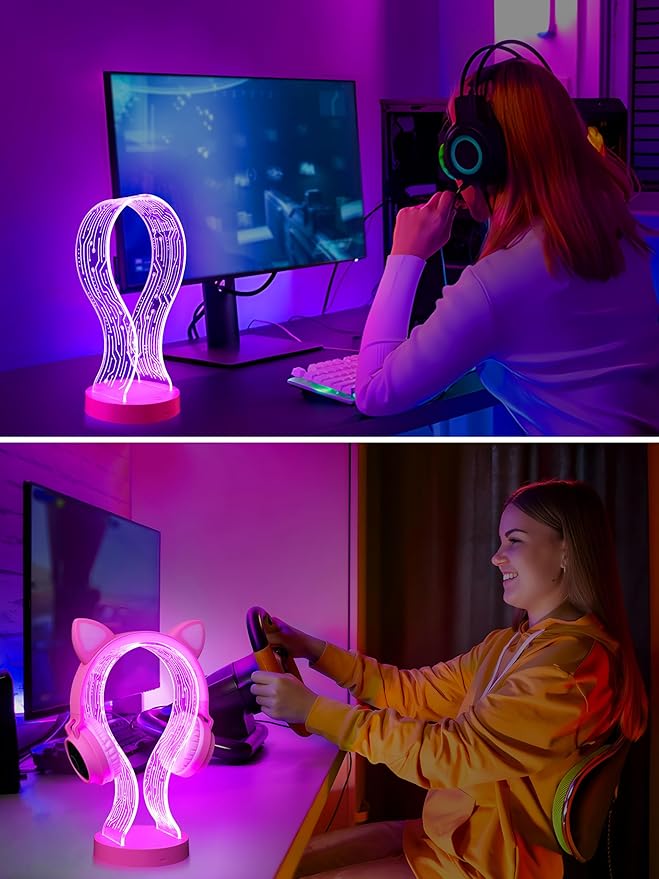 YuanDian Pink Headphone Stand, with 1 USB Charging Port and 1 Type-C Charging Ports, Desk Gaming Headset Holder, 16 Changing Colors with Remote, Gift for Gamers Girl and Music Lovers