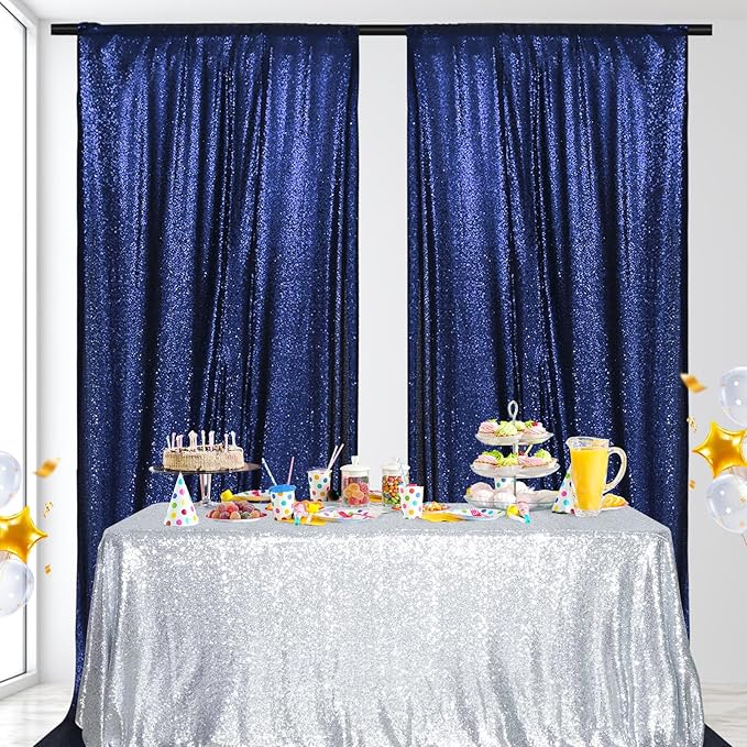 PartyDelight Navy Blue Sequin Backdrop 2 Panels 5Ft x 10FT Photography Christmas Curtain
