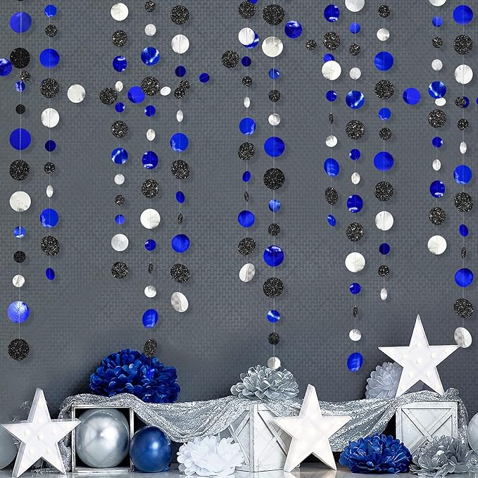 46Ft Navy Blue Black Silver Circle Dots Garland Royal Blue Black Polka Dots Streamer for Birthday Graduations Wedding Bridal Baby Shower Nautical Ahoy Achor Pirate Theme Party Decorations Supplies
