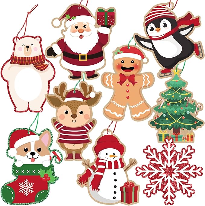 Glitter Printed Xmas Gift Labels - 63Pcs Christmas Name Tags with String and Reindeer, Santa, Snowman Gift Labels for DIY Holiday Present Wrapping