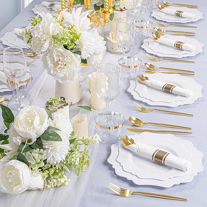 COLOSUS 350pcs White Plastic Plates Disposable Gold Cutlery Dinnerware set for party: 50 Dinner Plate, 50 Dessert Plate, 50 Per Rolled Napkins with Gold Silverware, 50 Cups 9 OZ for Wedding & Party