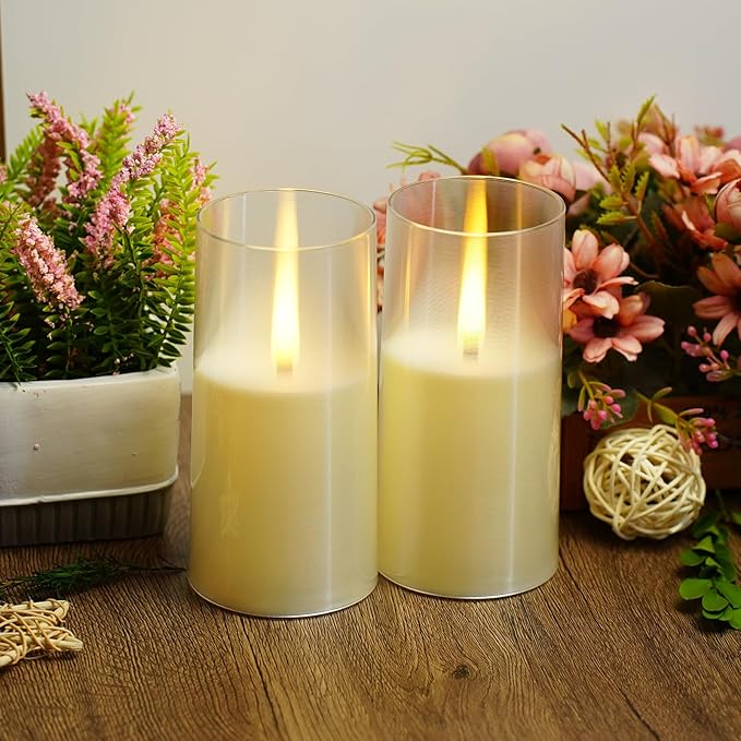 Flameless LED Candles, Upgraded Realistic Flickering Pillar Battery Operated Candles with Remote Timer, Acrylic Electric Set of 2 for Romantic Ambiance and Home Decoration（Ivory）