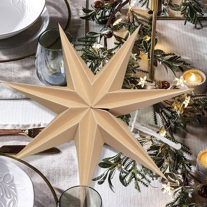 3PCS 12inch 7-Pointed Natural Paper Star Landerns Hanging Decoration Set Festive Holiday Decor Stars Shape Landerne for Christmas Home Deco