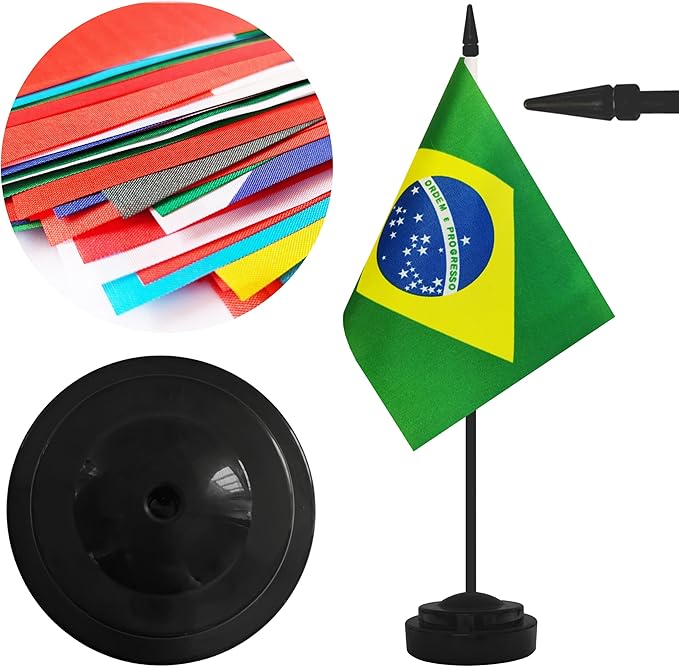 12 Pack Brazil Desk Flags, Brazilian Desktop Flag, Small Miniature Office Flags with 12" Black Pole and Black Base, Offices, Classroom, Home, Festival Decoration (Brazil)