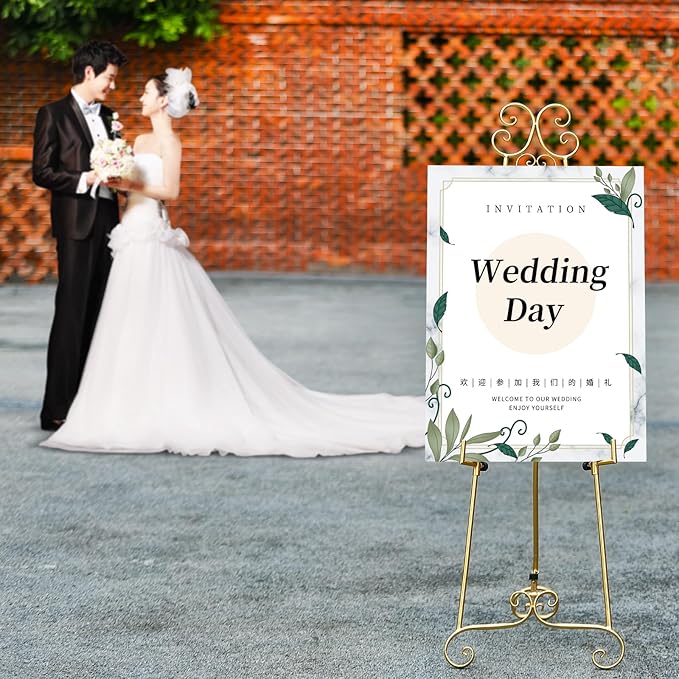 Metal Large Free Standing Adjustable Display Stand Scroll Easel with Chain Support, Gold Easel Stand for Sign, Heavy Duty Easel for Mirror, Wedding, Picture Frame (No Installation Required)