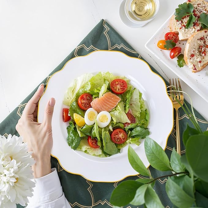 bUCLA 180PCS White and Gold Plastic Plates Disposable - White with Gold Rim Dinnerware Set Include 30 Guests Dinner & Dessert Plates, Cups, Cutlery Set for Wedding, Party & Thanksgiving Table Decor