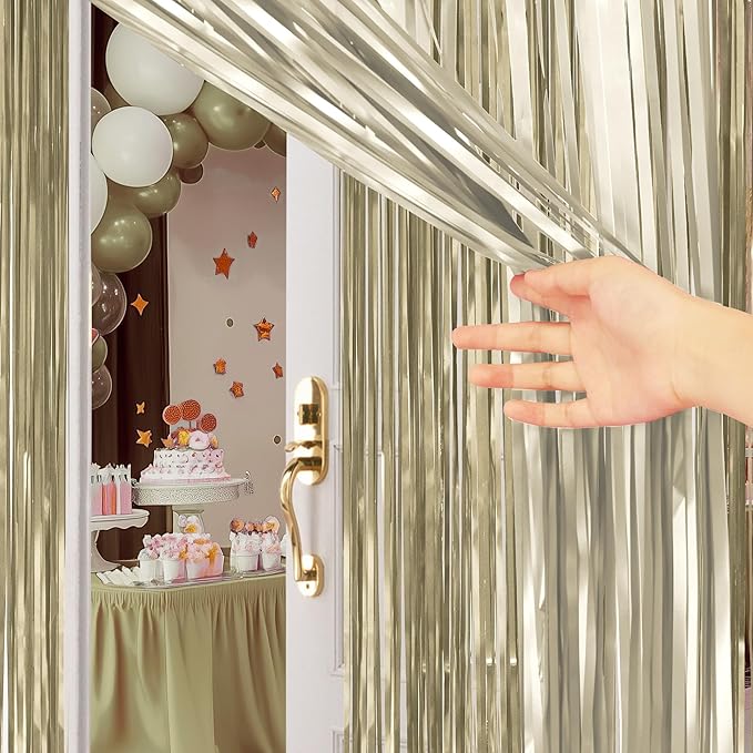 10 Pack Metallic Champagne Gold Fringe Backdrop, 3.2x8.2ft Shining Foil Tinsel Curtains, Birthday Party Decorations Door Streamers for Halloween, Christmas, Wedding, Graduation, Holiday, Theme Events