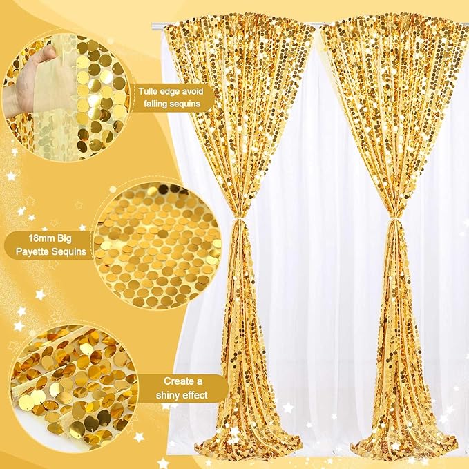 Gold Big Payette Sequin Backdrop 2 Panels 4ftx8ft Sparkly Glitter Backdrop Curtains Birthday Party Background Decoration