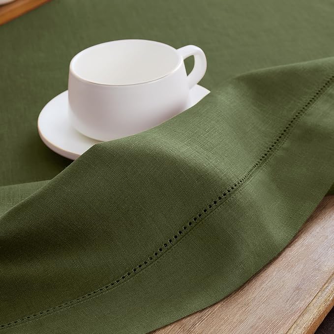 Solino Home Linen Olive Table Runner 108 Inches Long - 100% Pure Linen 14 x 108 Inch Table Runner for Fall, Autumn, Thanksgiving - Classic Hemstitch