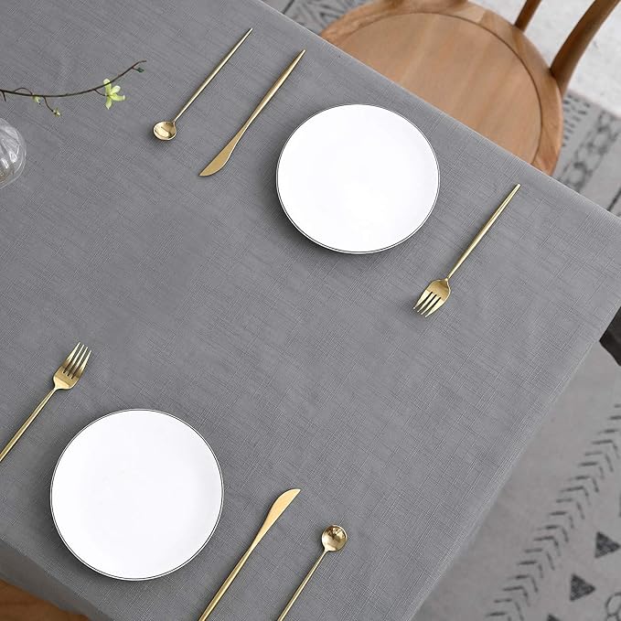 maxmill Lux Faux Linen Table Cloth with Slubby Texture Wrinkle Resistant Anti-Shrink Soft Tablecloth for Kitchen Dining Tabletop for Banquet Parties Rectangle 60 x 140 Inch Neutral Grey
