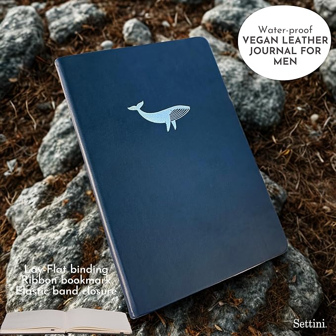 SETTINI Lined Journal, Ideal for Journaling - A5 Vegan Leather Notebook, 192 Archival-Quality Pages, QuillEase Bleed-Free Paper, Inner Pocket & Bookmark - Whale Gifts for Women & Men, Navy Whale