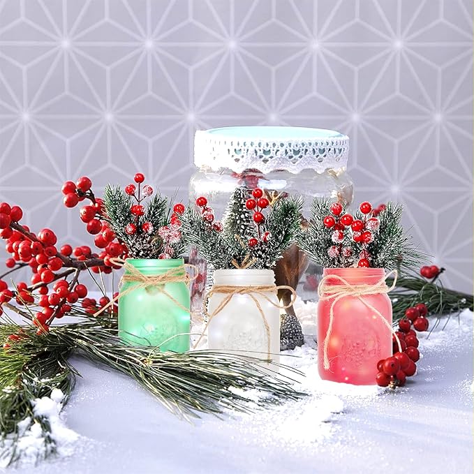 CNVOILA Christmas Centerpiece, Christmas Decor Mason Jars, Mantle Centerpiece Table Decorations, Holiday Table Centerpieces Bulk, Home Mantle Decor, Coffee Table Christmas Decor – 3PC