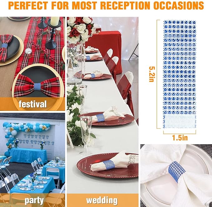 Blue Napkin Rings Bulk Set of 150pcs,Wedding Diamond Crystal Rhinestone Napkin Rings Adornment for Wedding Reception, Dinner, Place Settings, Holiday Parties or DIY Decoration (150,Blue)