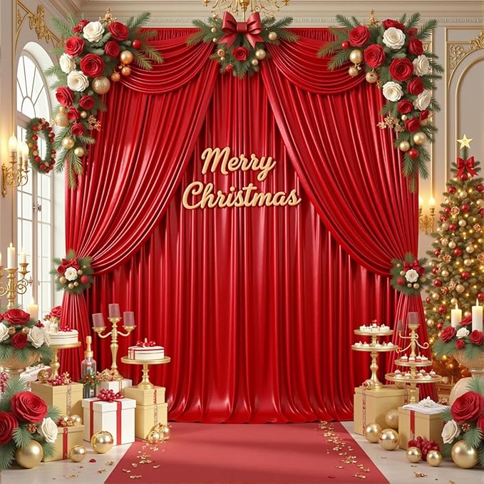 PartyVillage 20x10FT Red Sequin Christmas Backdrop Curtain -4 Panels 5x10FT Wrinkle Free Shimmer Back Drop Cloth, Glitter Backdrop Drapes for Photography, Birthday, Wedding, Christmas Background