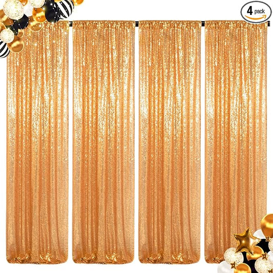 ShinyBeauty Sequin Backdrop Curtains 4 Panels Gold 2FTx8FT Gold Sequin Backdrop Sequin Fabric Photo Backdrop Curtains Gold Glitter Curtains for Party Baby Shower Backdrop Backgrounds