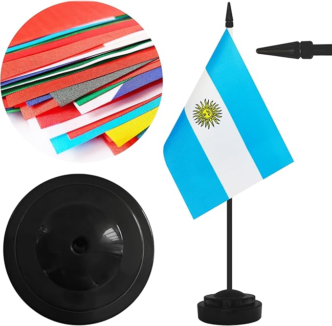 2 Pack Argentina Desk Flag Set, Argentine Desktop Small Miniature Table Office Flag with 12" Black Pole and Black Base, Offices, Classroom, Home, Festival Decoration (Argentina)