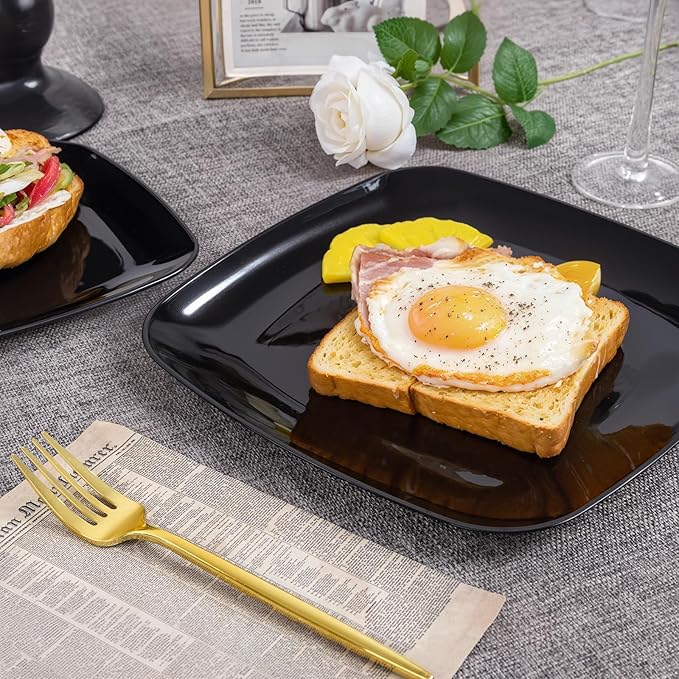 PULOTE 100 PCS Black Square Plastic Plates Disposable - Include 50 Each (10" Dinner & 7.25" Dessert) Plates - Ideal for Party & Halloween