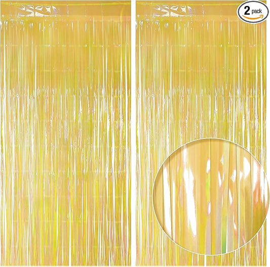 2 Pack Yellow Iridescent Streamers Backdrop, 3.3x6.6ft Foil Fringe Curtains Gold Holographic Door Tinsel Streamers for Birthday, Wedding, Holiday, Bachelorette, Theme Party Decorations