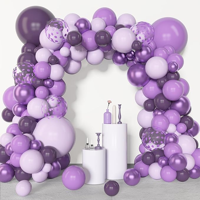 Amandir 153pcs Purple Balloon Garland Arch Kit, Different Sizes 18 12 10 5 inch Lavender Latex Metallic Confetti Purple Balloons for Halloween Wedding Birthday Baby Shower Party Decorations Supplies