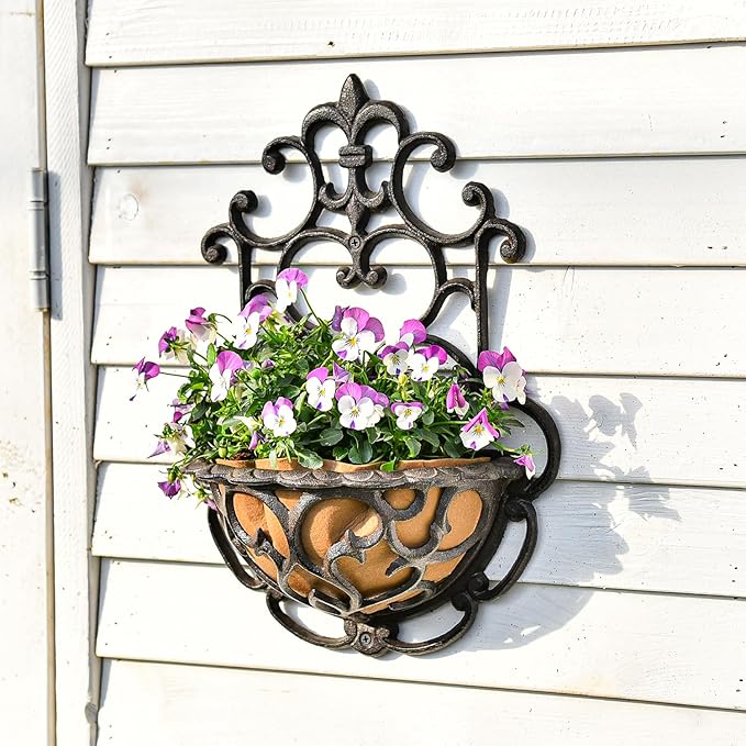 Sungmor 2 Pack Wall Hanging Planter Basket with Fabric Liner, Antique Victoria Style Cast Iron Wall Planter Holder, Outdoor Railing Fence Balcony Metal Hanging Basket Half Round Flower Pots