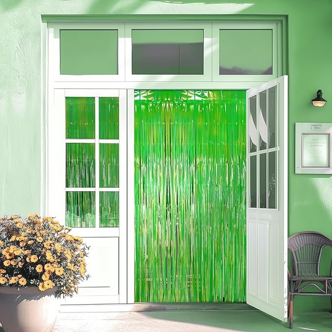 2 Pack Pink & Green Party Streamers Backdrop Curtains, 3.3x8.2ft Holographic Tinsel Foil Curtain Photo Booth Props for Birthday, Wedding, Holiday Celebration, Bachelorette, Theme Decorations