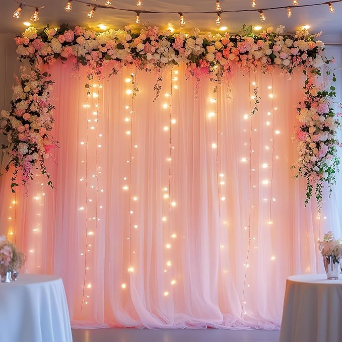 Fomcet Peach Tulle Backdrop Curtains with Lights String 10FT X 10FT Sheer Curtain with Lights for Backdrop Tulle Curtain for Wedding Birthday Party Photo Shoot (2 Panels 5x10FT)