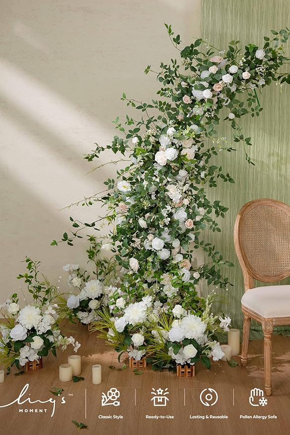 Ling's moment Flower Garland - 6FT Eucalyptus & Rose - Sweetheart Table Decor for Wedding Reception, Artificial Floral Garland for Mantle, Spring, Christmas Decoration, White & Lily