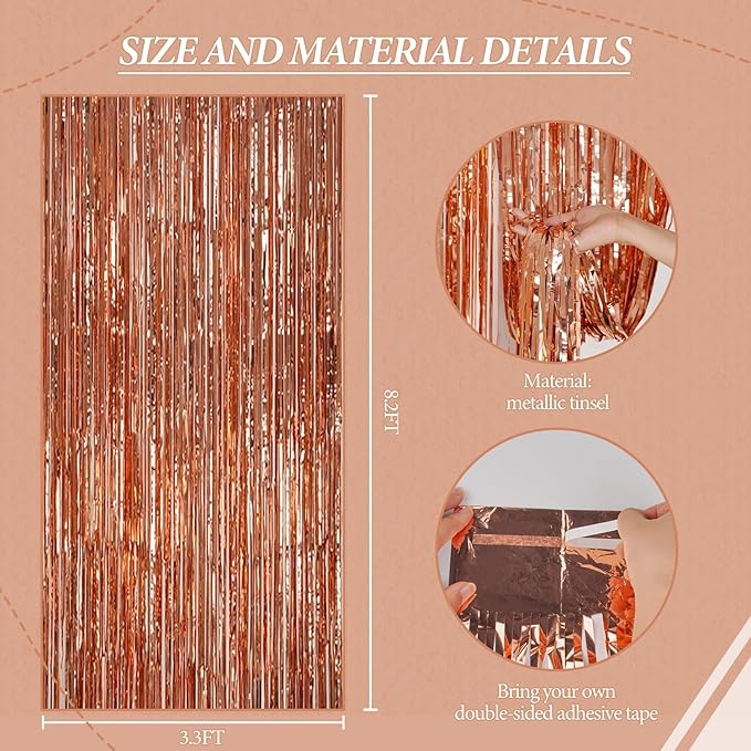 3 Pack Foil Fringe Backdrop - Rose Gold Shiny Tinsel Curtains for Party Decoration/Photo Booth Props - 3.3x8.2 FT Metallic Foil Backdrop for Birthday, Wedding, Graduation, Christmas.