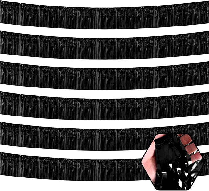 6 Pack 10 Feet Black Foil Fringe Garland Metallic Tinsel Streamers Banner Wall Hanging Curtain Backdrop for Parade Floats, Birthday, Graduate, Mother's Day, Wedding Party Decoration
