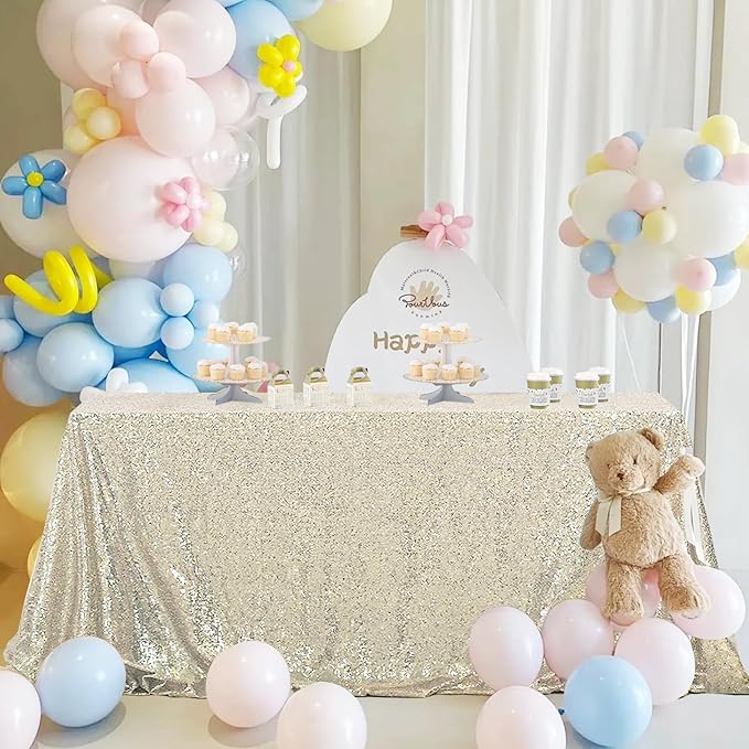 OQSQ Champagne Rectangle Sequin Tablecloth - 60x102 inch, Glitter Drape Table Cloth, Sparkle Sequence Table Overlays for Wedding Birthday Party Baby Bridal Shower
