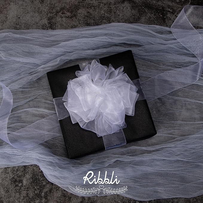 Ribbli White Sheer Organza Ribbon,1-1/2 Inches x Continuous 50 Yard Use for Gift Wrapping,Bouquet Wrapping,Wedding Decoration,All Crafting and Sewing