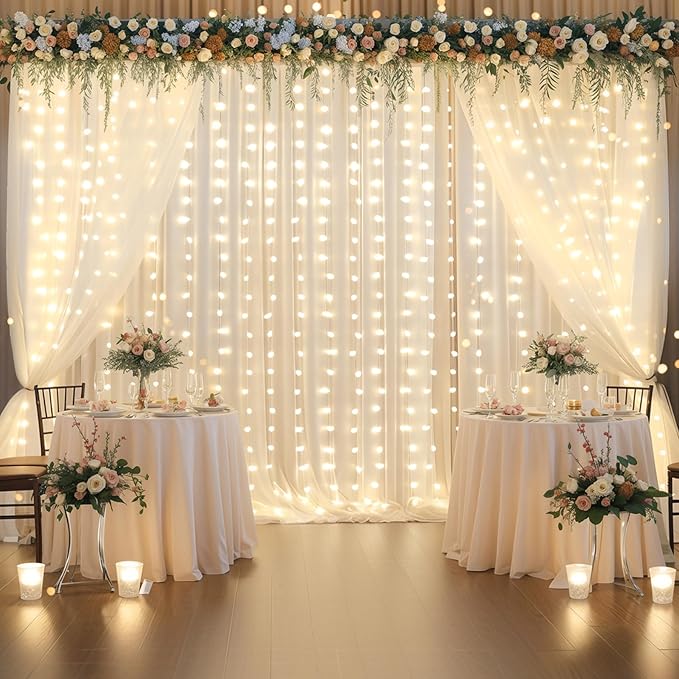 10x10ft Ivory Chiffon Backdrop Curtain with Lights String for Wedding Parites, Sheer Photo Backdrop Curtains for Baby Shower Bridal Shower Birthday Party Ceremony Reception
