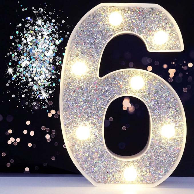 Pooqla Marquee Light up Numbers, Lighted Numbers for 6th Birthday Decorations, Night Light Battery Powered for Silver Party Decorations, Gift for Boys Girls Christmas Wedding Home Room Decoration